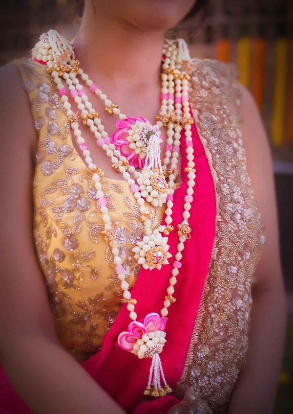 Carnations 4 layers real look-alike mogra Multistrand Necklaces, shop-by-style, shop-by-vibe with Pink and gold Accents