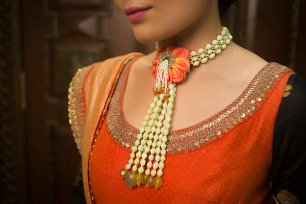 coral charm waterfall real look-alike mogra Necklaces, shop-by-style, shop-by-vibe with Orange Floral Brooch and Green natural beads Danglers