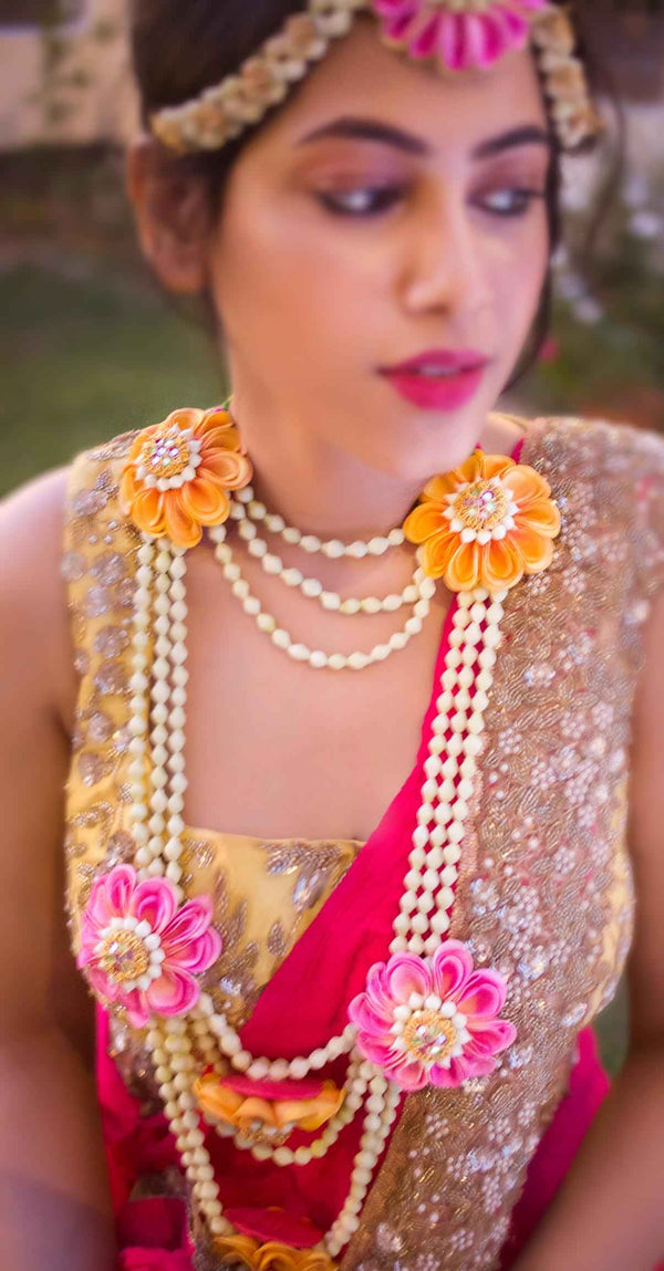Choker and Long Necklaces, shop-by-style, shop-by-vibe real look-alike mogra Necklaces, shop-by-style, shop-by-vibe with Pink,peach and Orange Floral Accents