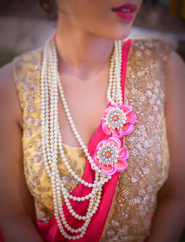 Layered real look-alike mogra Necklaces, shop-by-style, shop-by-vibe with Pink peach Floral Embellishment