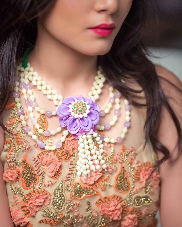 Lavender lusture layered real look-alike mogra Necklaces, shop-by-style, shop-by-vibe with lilac beads and Purple Floral Centerpiece