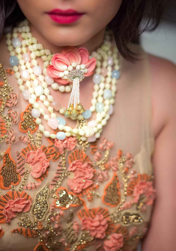 Multi-Strand real-look-alike mogra Necklaces, shop-by-style, shop-by-vibe with ice blue,baby pink and peach Floral Pendant