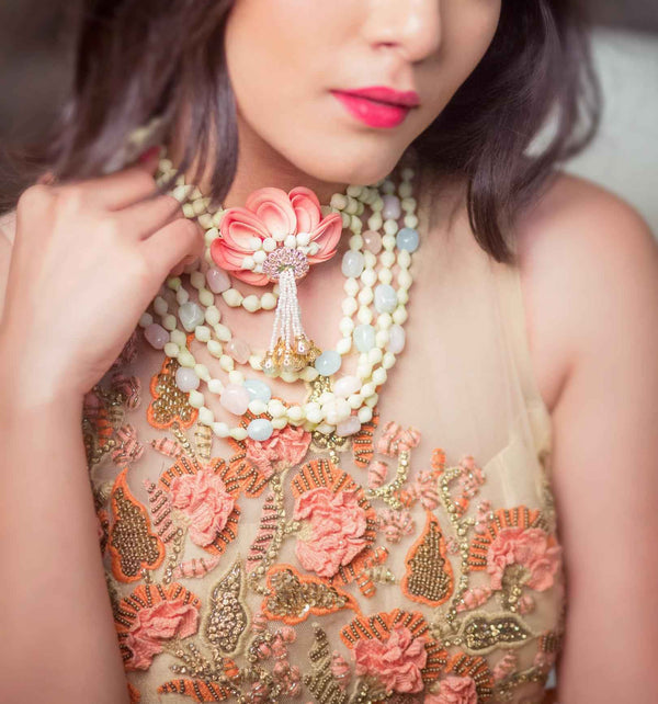 Multi-Strand real-look-alike mogra Necklaces, shop-by-style, shop-by-vibe with ice blue,baby pink and peach Floral Pendant