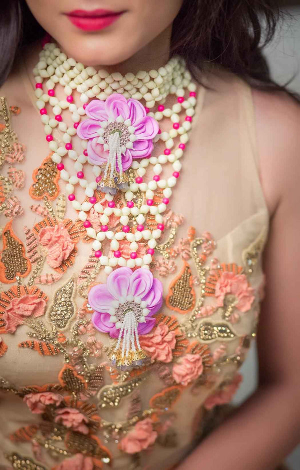 Layered real look-alike mogra Necklaces, shop-by-style, shop-by-vibe with Purple and Pink Floral Accents