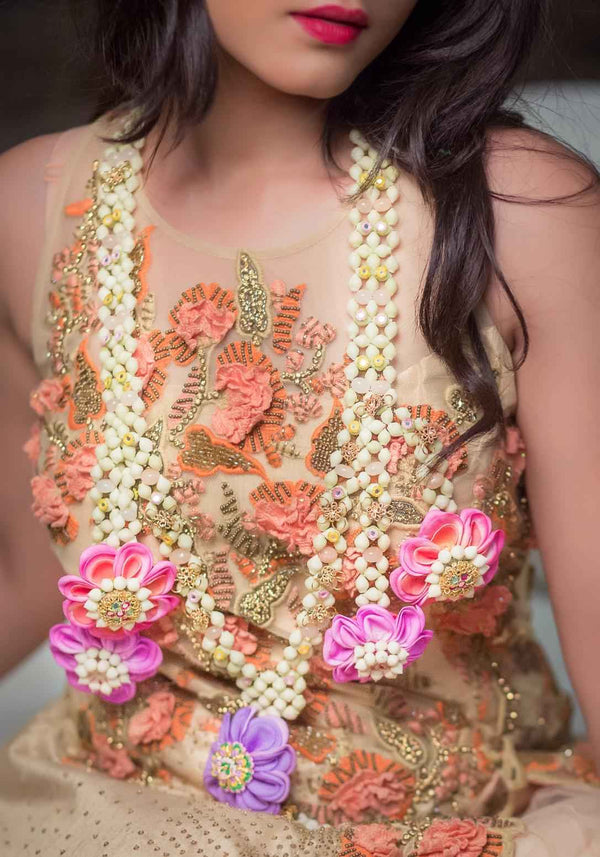 Multilayered real look-alike mogra Necklaces, shop-by-style, shop-by-vibe with Vibrant Pink and Purple Flowers