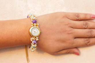 Purple green pearls watch rakhi