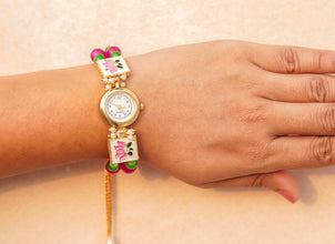 Lotus, Green and pink watch rakhi