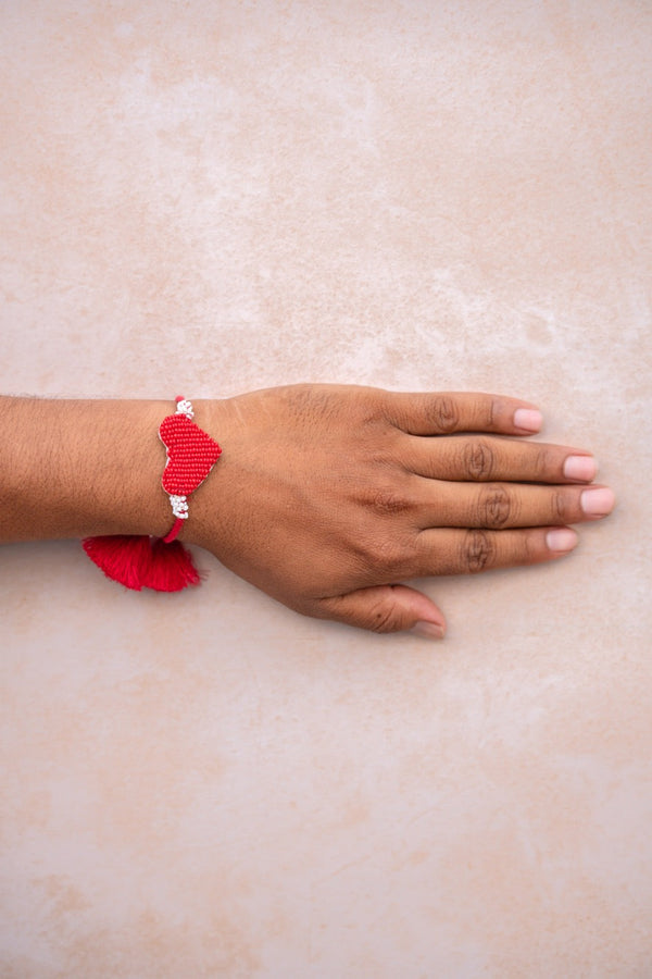 Red white heart beaded bhai rakhi