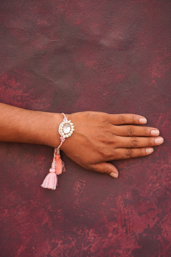 White pink stone bhai rakhi